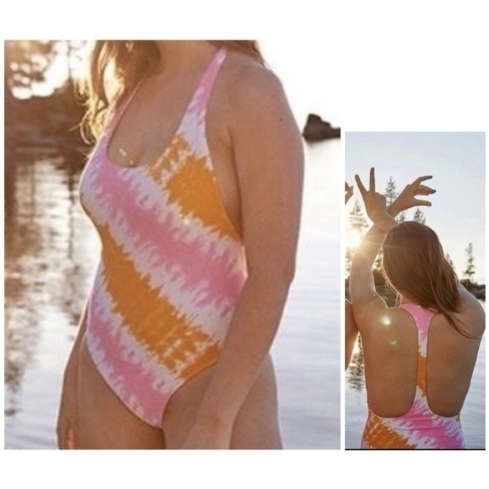 Aerie Tie Dye One Piece Racerback Bathing Suit White Pink Orange Swimsuit XL